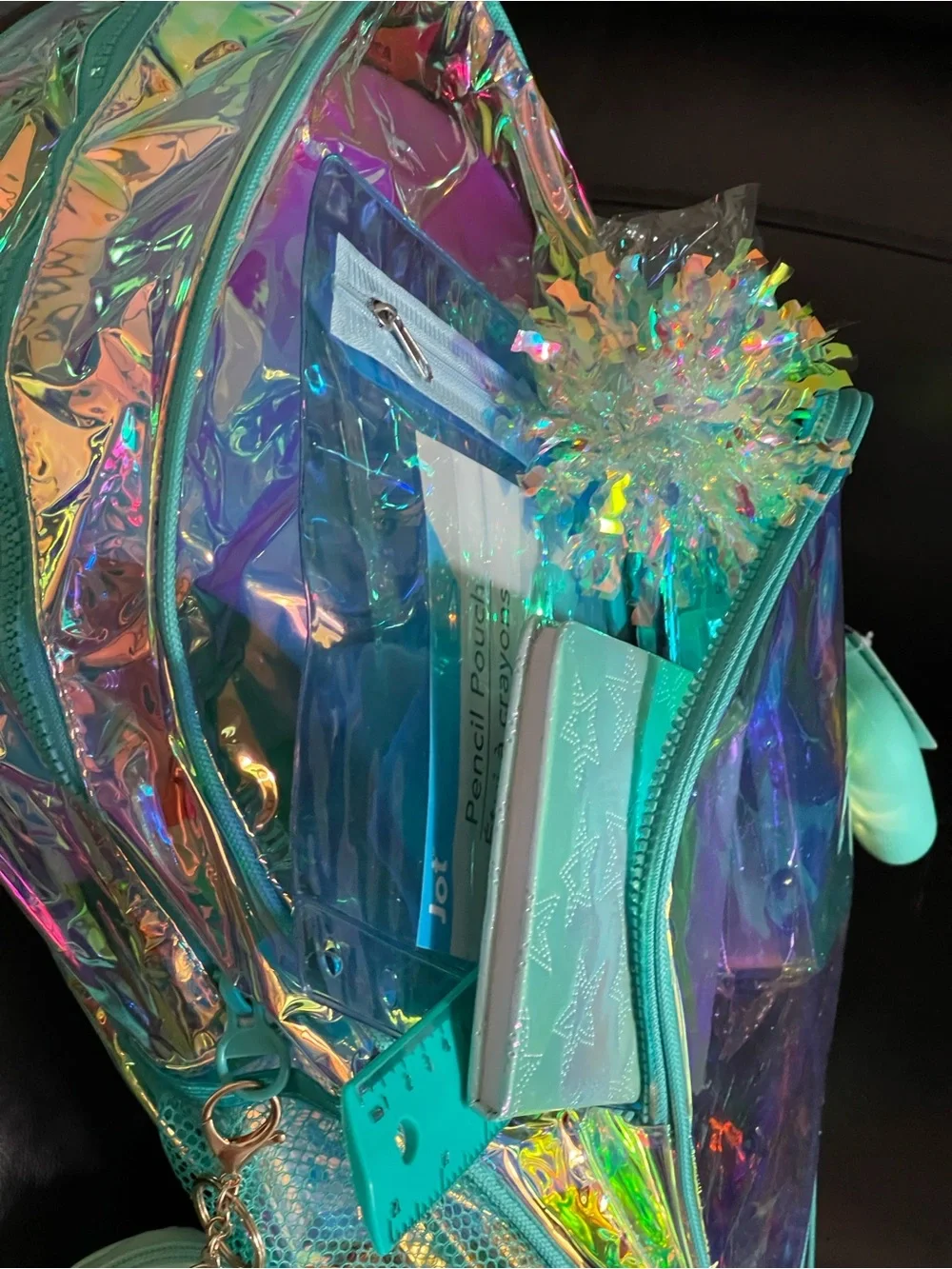 Holographic Teal Clear Backpack with Starry Wristlet